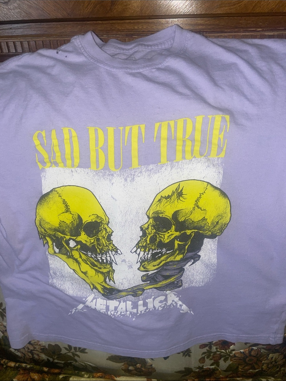 'Sad But True' Graphic Tee - Lavender with Yellow Skull Print